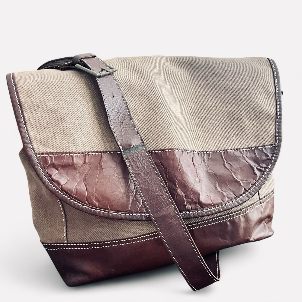 Lanidor‎ Portugal Brown Buffalo Leather Canvas Messenger Bag Satchel Crossbody